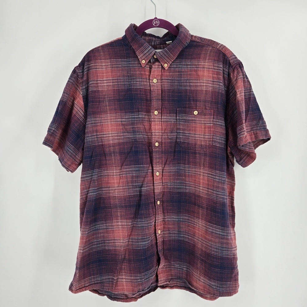 ROWM Flannel Shirt XL Red Navy Plaid 100% Cotton Short Sleeve Big & Tall VGUC